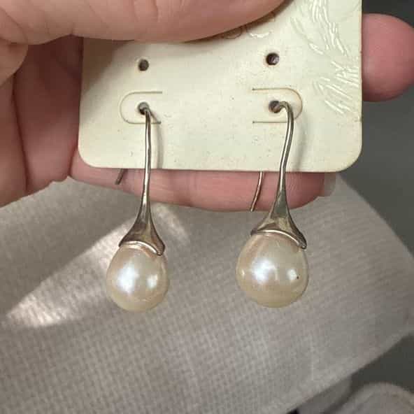 Elegant Silver Tone Drop Earrings with Cream Pearls