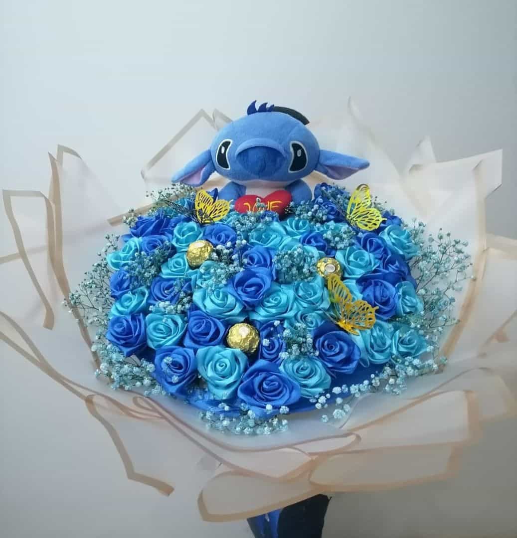 Stitch Theme Blue Rose and Chocolate Bouquet