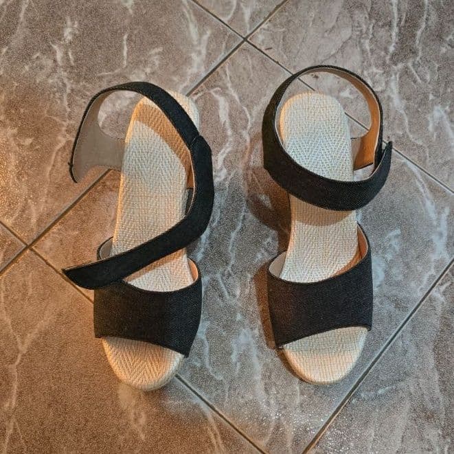 Black Denim Strappy Wedge Sandals - Image 1 of 2