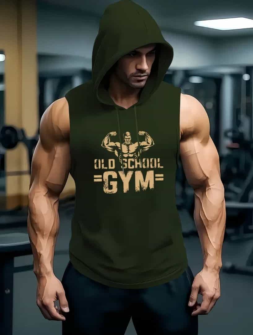 Old School Gym Sleeveless Hooded Vest Green XXL