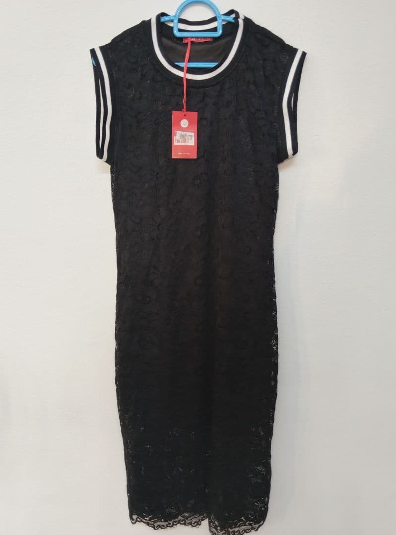 New Black Floral Lace Dress with Striped Trim Size L - Image 1 of 4