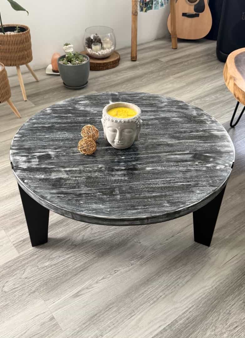Round Coffee Table Black and White Distressed Finish