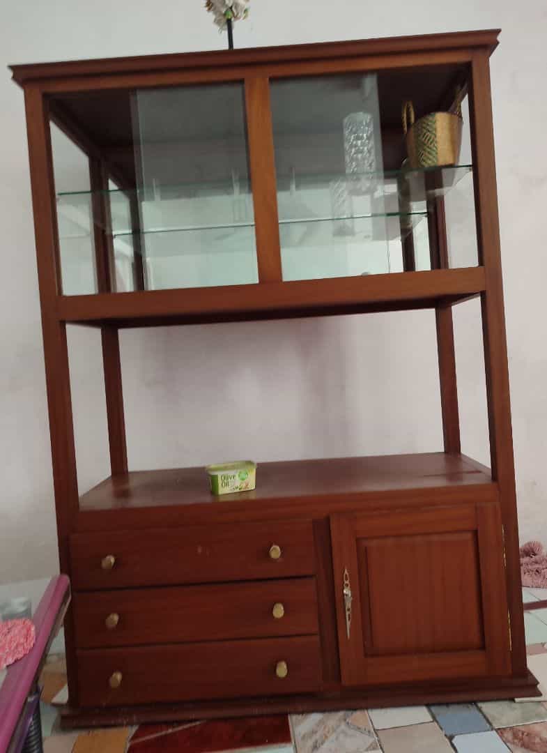 Wooden Display Cabinet with Drawers and Storage