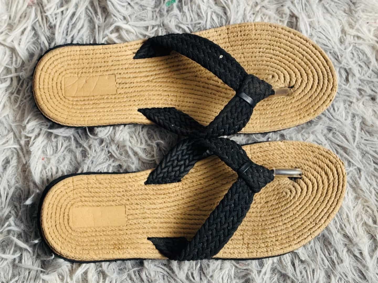 Women's Braided Strap Flip Flops Beige and Black