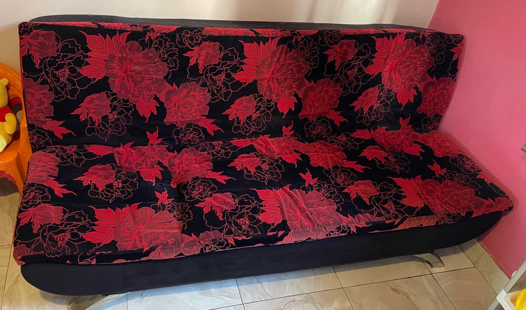 Convertible Sofa Bed Black with Red Floral Pattern