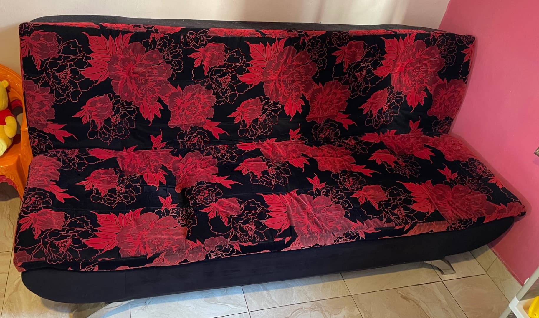 Convertible Sofa Bed Black with Red Floral Pattern - Image 1 of 2