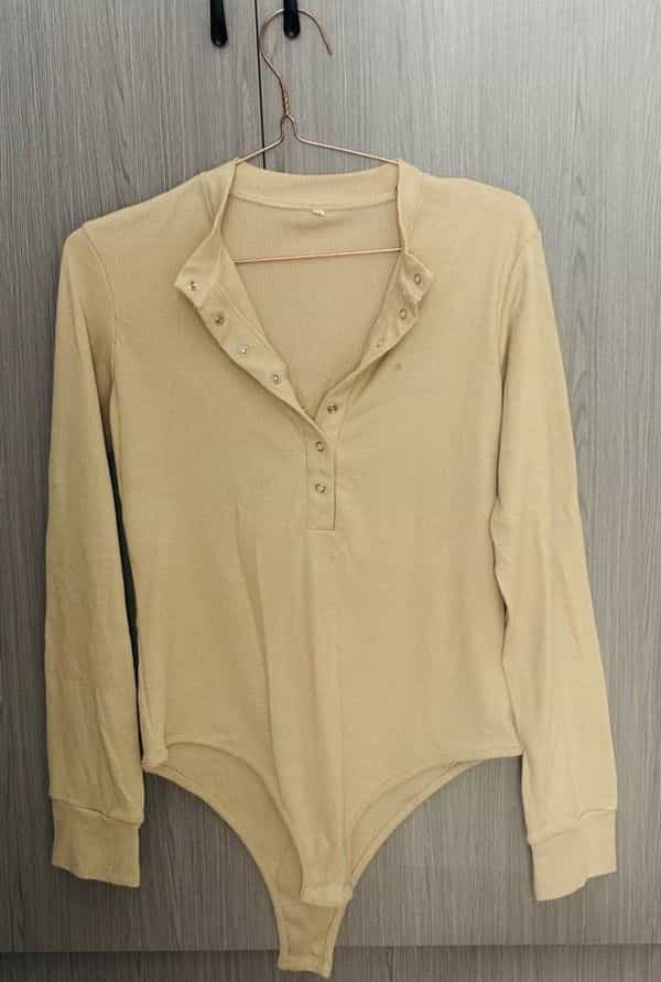 Beige Ribbed Long Sleeve Bodysuit