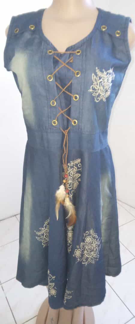 Blue Denim-Look Sleeveless Dress with Lace-Up Detail